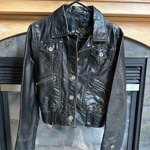 Women’s The Big Chill Faux Leather Moto Jacket Black Gold Medium NWOT